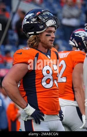 Denver Broncos tight end Andrew Beck (83) runs a route during an NFL  football game against the Dallas Cowboys, Sunday, Nov. 7, 2021, in  Arlington, Texas. Denver won 30-16. (AP Photo/Brandon Wade