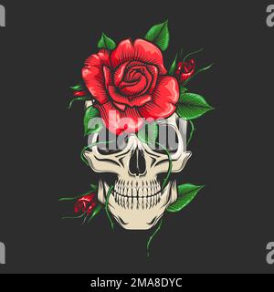 Colored Human Skull and Roses Flowers Isolated on Black background. Vector illustration. Stock Vector