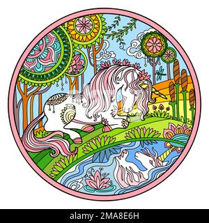 Stylized hand drawn unicorn on the river bank with magic flowers vector illustration. Magic horse in doodle zentangle style. Lace pattern round shape. Stock Vector