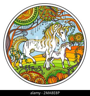 Stylized hand drawn colored unicorn and foal with magic flowers vector illustration. Magic horse in doodle zentangle style. Lace pattern round shape. Stock Vector