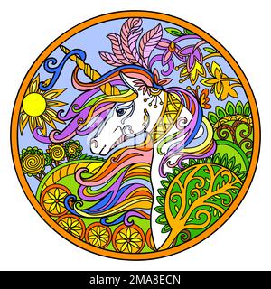 Stylized hand drawn colored unicorn head with magic flowers vector illustration. Magic horse in doodle zentangle style. Lace pattern round shape. For Stock Vector