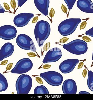 Seamless pattern with plum on white background. Natural delicious fresh ripe tasty fruit.Vector illustration for print, fabric, textile, banner, other Stock Vector