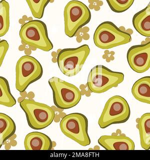 Cute avocado isolated on white background. Green avocados with leaves and slice. Natural delicious fresh ripe tasty summer fruit. Vector illustration Stock Vector