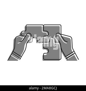 Linear filled with gray color icon. Man Hands Connect Puzzle Pieces. Teamwork. Joining Forces To Complete Task. Simple black and white vector Stock Vector