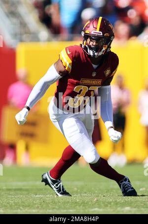 Landover, MD, USA - August 21, 2023 : Washington Commanders cornerback  Rachad Wildgoose (37) lines up during the preseason game between Baltimore  Ravens and the Washington Commanders in Landover, MD. Photographer: Cory