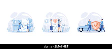 Protection of property interests metaphor, financial guarantee concept. Applying for home, car and health insurance. Safety for accidents and risks, s Stock Vector