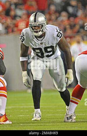 Las Vegas Raiders defensive end Clelin Ferrell (99) gets set on