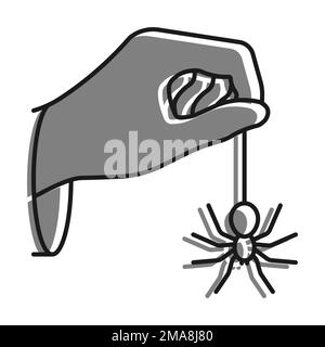 Linear filled with gray color icon. Hand Of Sorceress Holds Huge Spider On Web. Halloween. Magic And Witchcraft, Rituals. Simple black and white vecto Stock Vector