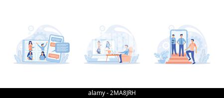 Software for videoconferencing and online communication, online meeting work from home, virtual work meeting set. People having conference call with b Stock Vector