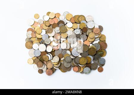 Old used coins from various countries of the world. Current money Stock Photo
