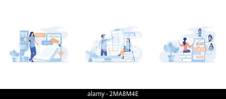 E-learning banners set. Online education, home schooling, online classes, training and courses. Web tutorials concept. Education vlog. Distance web le Stock Vector