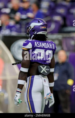 The International Helmet decal with the flag of the Ghana is seen on the  helmet of Minnesota Vikings linebacker Brian Asamoah II (33) as part of the  International Helmet Decal Initiative during