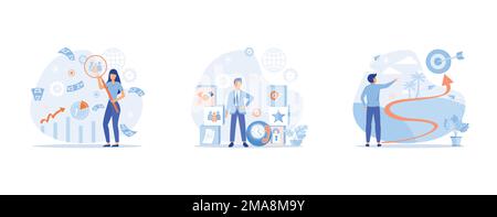Business services, strategic planning, market research, project management, Teamwork to achieve goal and increase results and profits, set flat vector Stock Vector