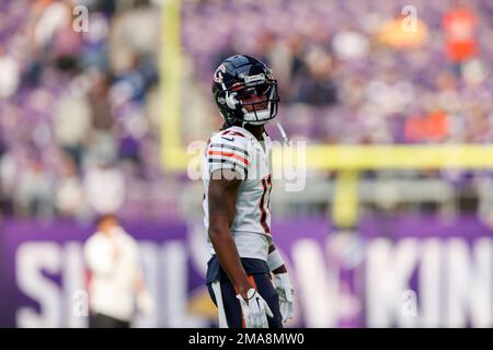 Chicago Bears guard Dieter Eiselen (60) Chicago Bears wide receiver Ihmir  Smith-Marsette (17) before their game against the Green Bay Packers Sunday,  Sept. 18, 2022, in Green Bay, Wis. (AP Photo/Jeffrey Phelps