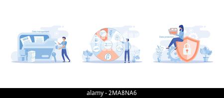 Big data analytics platform, data management and protection, Data center room disk infrastructure business information safety. Technology Internet and Stock Vector