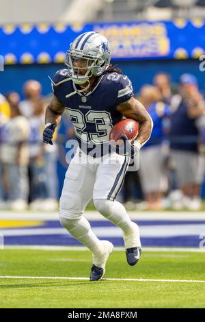 Running back (23) Rico Dowdle of the Dallas Cowboys warms up before playing  against the Los Angeles Rams in an NFL football game, Sunday, Oct. 9, 2022,  in Inglewood, Calif. Cowboys won