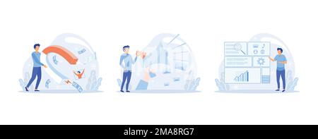 Inbound and outbound marketing technology. People work with advertising and promoting via Internet. Buyer acquisition, promotion strategy social media Stock Vector