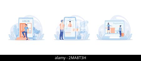Enter login and password. Registration page on screen. Sign in to your account, Login page. Mobile app with user page. User profile, news, notificatio Stock Vector