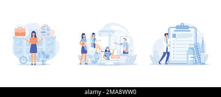 Balancing work and family abstract concept, Self-isolation party abstract concept, Diabetes medications abstract concept, set flat vector modern illus Stock Vector