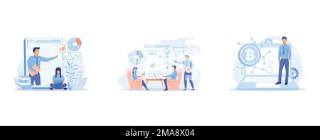 Online big data courses abstract concept , Marketing meetup abstract concept, Digital currency abstract concept , set flat vector modern illustration Stock Vector