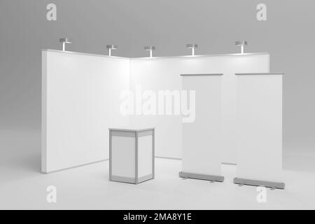 Advertising stands. Realistic blank modern simple rack or counters multiple camera angles, 3d promotional desk, clean empty promo tables with signboar Stock Photo