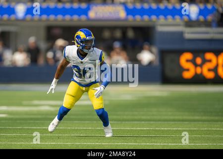 Los Angeles Rams cornerback Grant Haley (36) takes his stance during an NFL  football game against the Dallas Cowboys Sunday, Oct. 9, 2022, in  Inglewood, Calif. (AP Photo/Kyusung Gong Stock Photo - Alamy