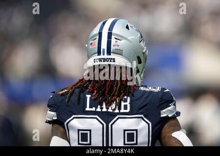 A detail of Dallas Cowboys wide receiver Simi Fehoko (81)'s helmet is seen  before an NFL football game against the Los Angeles Rams Sunday, Oct. 9,  2022, in Inglewood, Calif. (AP Photo/Kyusung