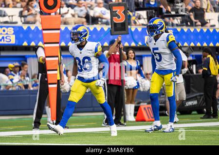 Los Angeles Rams cornerback Grant Haley (36) takes his stance during an NFL  football game against the Dallas Cowboys Sunday, Oct. 9, 2022, in  Inglewood, Calif. (AP Photo/Kyusung Gong Stock Photo - Alamy