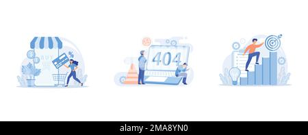 Mobile based marketplace abstract concept, 404 error abstract concept , Business mission abstract concept, set flat vector modern illustration Stock Vector