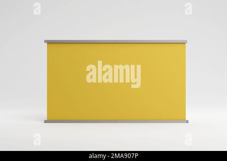 Roll up banner, horizontal stand, blank billboard for exhibition and business presentations, isolated on gray background. Mockup with yellow board, ro Stock Photo