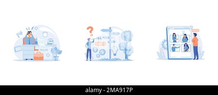 Stress abstract concept, Decision management abstract concept, Online meetup abstract concept, set flat vector modern illustration Stock Vector