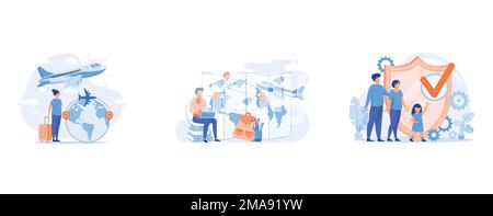 Intercontinental transport abstract concept, Educational tourism abstract concept, Social security abstract concept, set flat vector modern illustrati Stock Vector