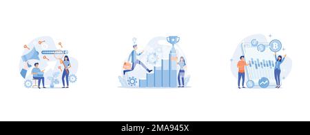 Keyword research abstract concept , Business coaching abstract concept, Cryptocurrency trading desk abstract concept, set flat vector modern illustrat Stock Vector