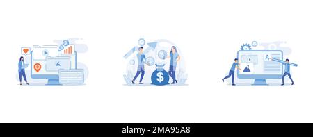 Content aggregator abstract concept , Investment fund abstract concept , Content creation abstract concept, set flat vector modern illustration Stock Vector