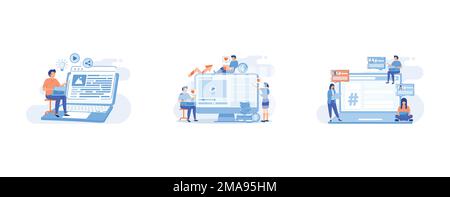 Blog abstract concept, High ROI content abstract concept, Microblog platform abstract concept, set flat vector modern illustration Stock Vector