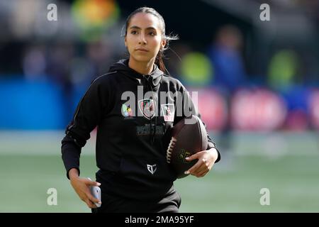 Cannes, France - June 21 2023: Diana Flores, (Captain, Mexico National Flag  Football Team and NFL & IFAF Global Flag Football Ambassador Mexico Women's  National Flag Football Team) speak on stage during