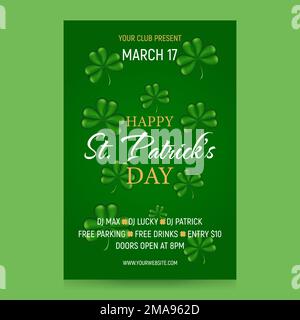 Happy St. Patricks Day party design template. Congratulatory background for flyer, poster, banner, holiday invitation. Green shamrocks, celebration Stock Vector