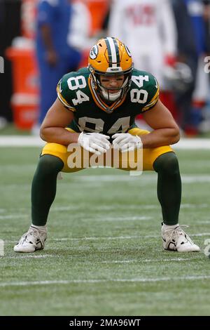 Green Bay Packers tight end Tyler Davis (84) gets set before a play during  an NFL football game against the New York Giants at Tottenham Hotspur  Stadium in London, Sunday, Oct. 9