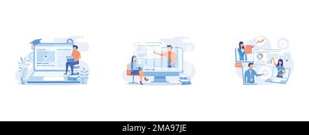 Online education platform abstract concept, Online workshop abstract concept, Online tech talks abstract concept, set flat vector modern illustration Stock Vector