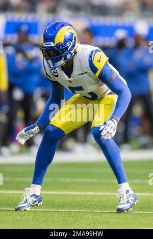 Los Angeles Rams cornerback Jalen Ramsey (5) grabs the jersey of Carolina  Panthers quarterback PJ Walker (11) for a sack during an NFL football game  Sunday, Oct. 16, 2022, in Inglewood, Calif. (