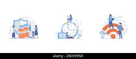Immunization education abstract concept, Time management abstract concept , Public wi fi hotspot, set flat vector modern illustration Stock Vector