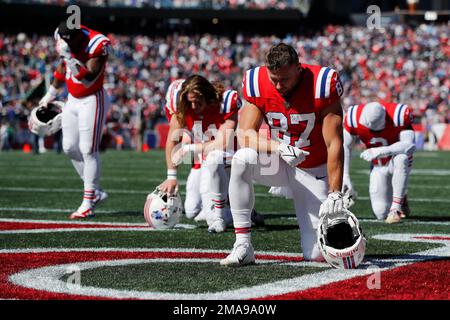 New England Patriots tight end Matt Sokol (87) on the field during the  first half of an NFL football game, Thursday, Aug. 11, 2022, in Foxborough,  Mass. (AP Photo/Greg M. Cooper Stock
