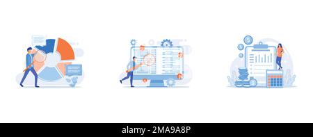 Statistical analysis, Software testing, Balance sheet cartoon web icon, set flat vector modern illustration Stock Vector