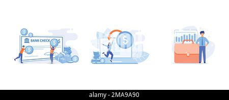 Employee getting ppayment in payday cartoon character, E shopping cartoon web icon, Business venture, set flat vector modern illustration Stock Vector