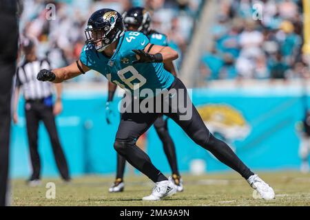 Jacksonville Jaguars linebacker Chad Muma (48) drops back in