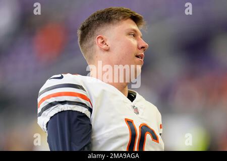 Chicago Bears punter Trenton Gill (16) during an NFL Preseason football  game against the Seattle Seahawks, Thursday, Aug. 18, 2022, in Seattle, WA.  The Bears defeated the Seahawks 27-11. (AP Photo/Ben VanHouten