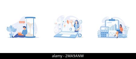 Man working with laptop cartoon character, Internet marketing, Woman accountant cartoon character, set flat vector modern illustration Stock Vector