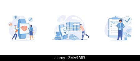 Heart rate on smartwatch, Contactless payment, Paying taxes, set flat vector modern illustration Stock Vector