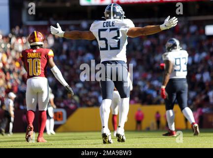 Tennessee Titans linebacker Dylan Cole (53) runs onto the field