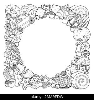 Vector coloring book page for adults. Black and white illustration of sweet food, candies, pastries, desserts, baked products Stock Vector